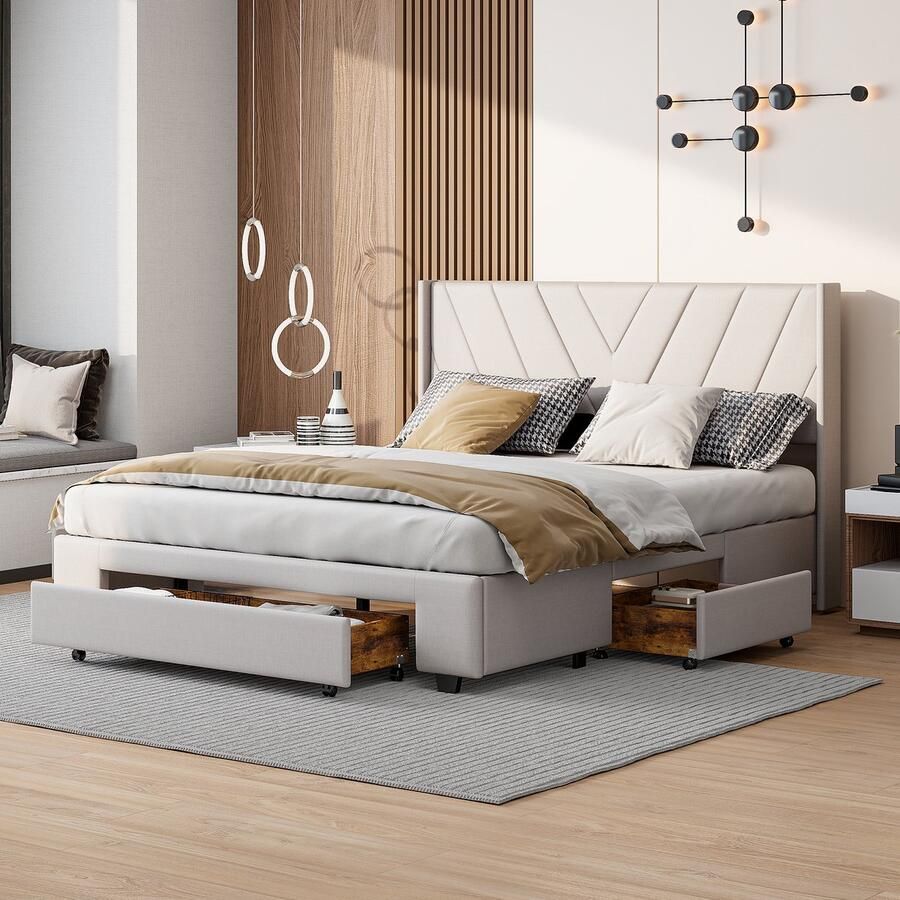 BursDany Tweepersoonsbed 140x200cm Modern opbergbed met hoofdeinde lattenbodem 4 opberglades Perfect voor volwassenen en tieners -linnen beige(zonder matras)