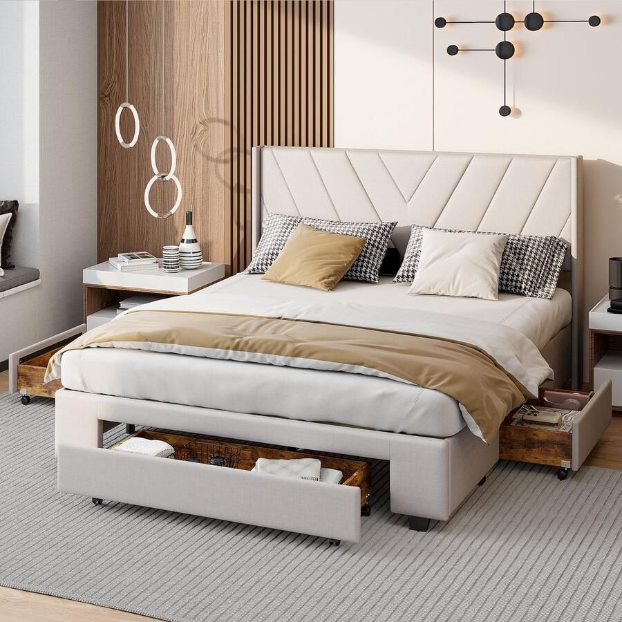 SHOPENTRA Tweepersoonsbed 140x200cm – Linnen Beige – Bed met 3 Opbergladen – Ruimtebesparend Opbergbed