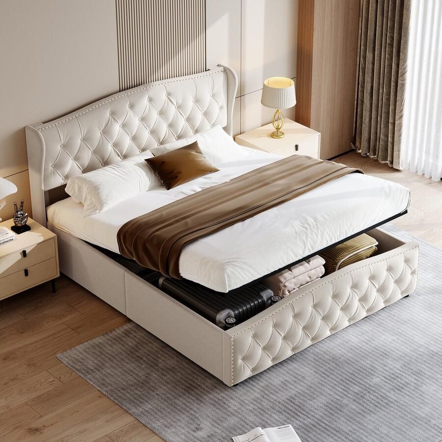 BursDany Tweepersoonsbed 160x200 cm Hydraulisch opbergbed met lattenbodem en hoofdeinde bedframe voor volwassenen en tieners zonder matras velours beige