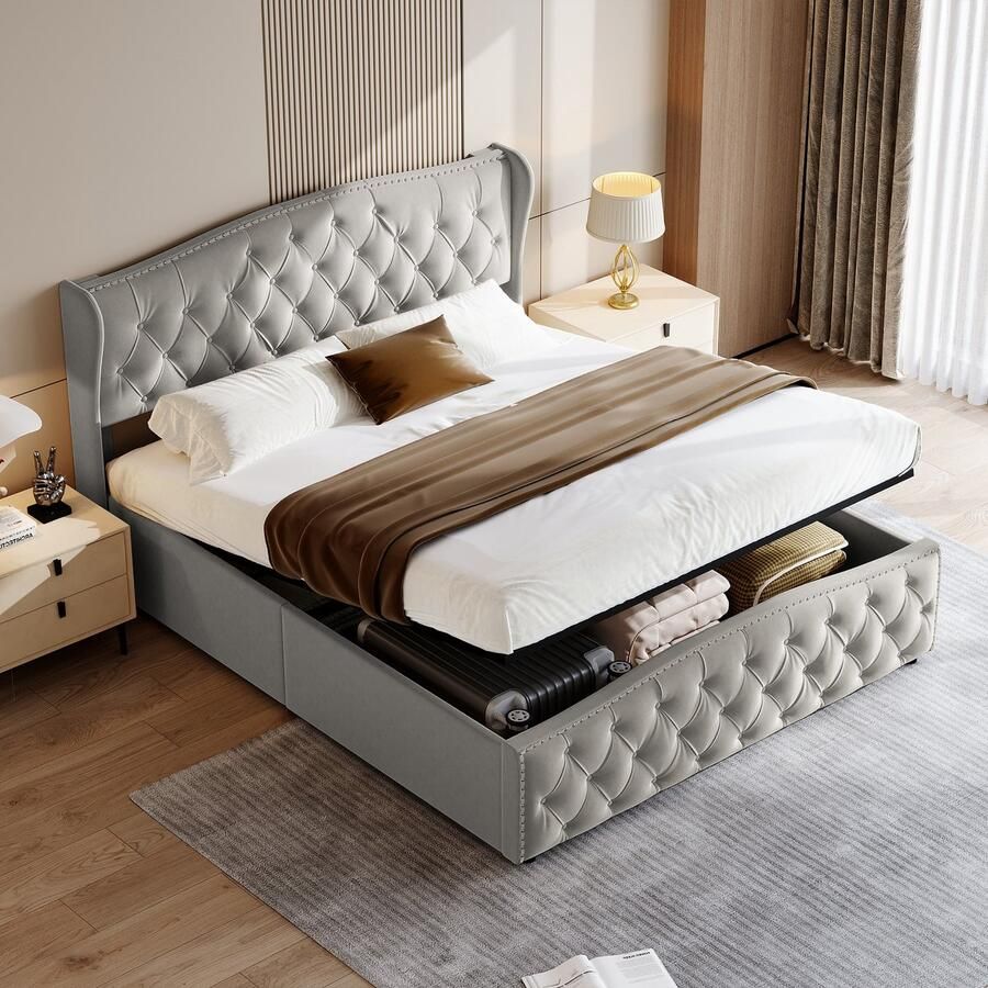 BursDany Tweepersoonsbed 160x200 cm Hydraulisch opbergbed met lattenbodem en hoofdeinde bedframe voor volwassenen en tieners zonder matras velours grijs