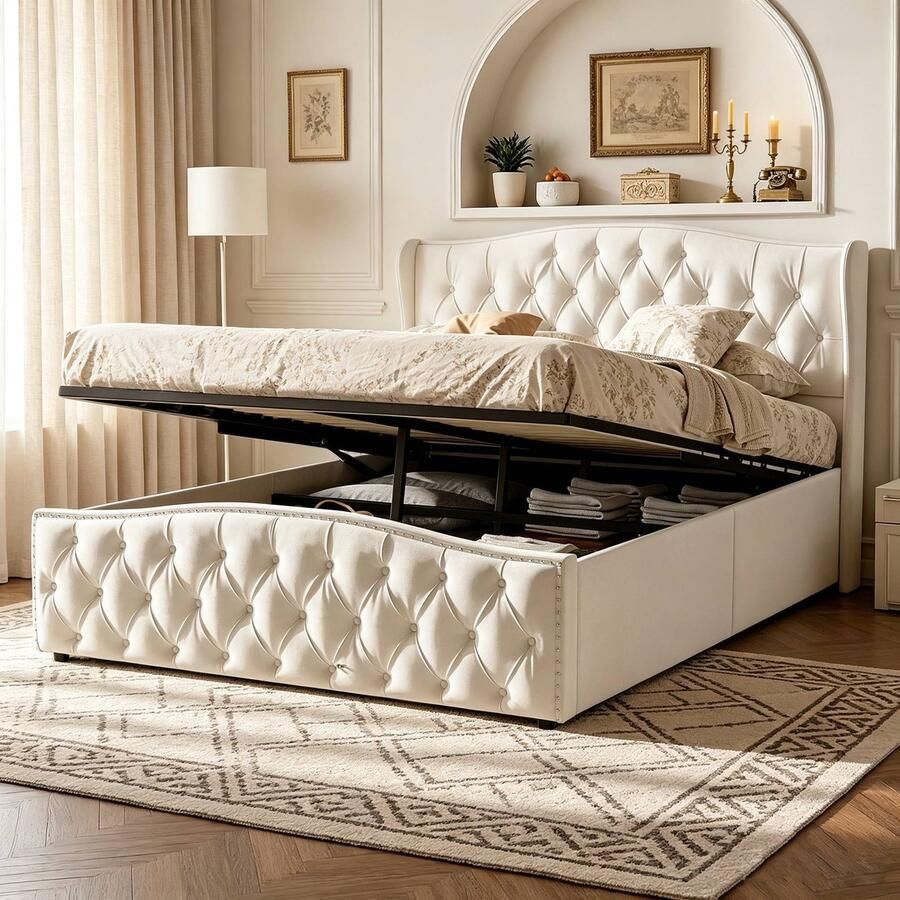 Tweepersoonsbed 160x200 cm Hydraulisch opbergbed met lattenbodem en hoofdeinde Chesterfield gestoffeerd bed voor volwassenen en tieners zonder matras velours beige