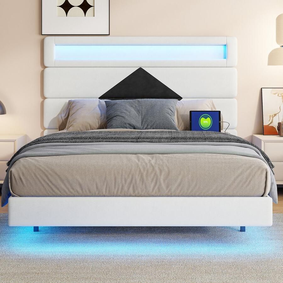 BursDany Tweepersoonsbed 140x190 cm met LED en USB Zwevend design Fluweelstof Bedframe voor volwassenen en tieners Ruitjes wit