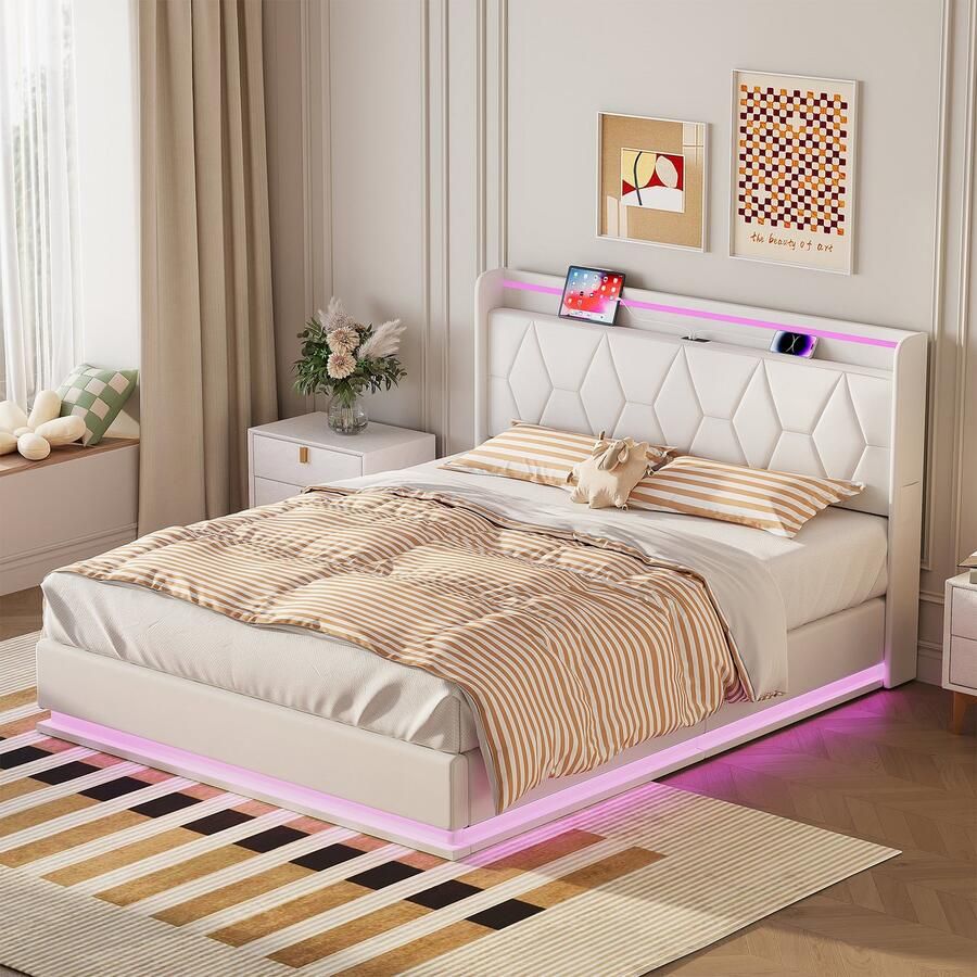 BursDany Tweepersoonsbed 160x200 cm met LED-strip en USB-aansluiting modern opbergbed voor volwassenen en tieners velours wit (zonder matras)