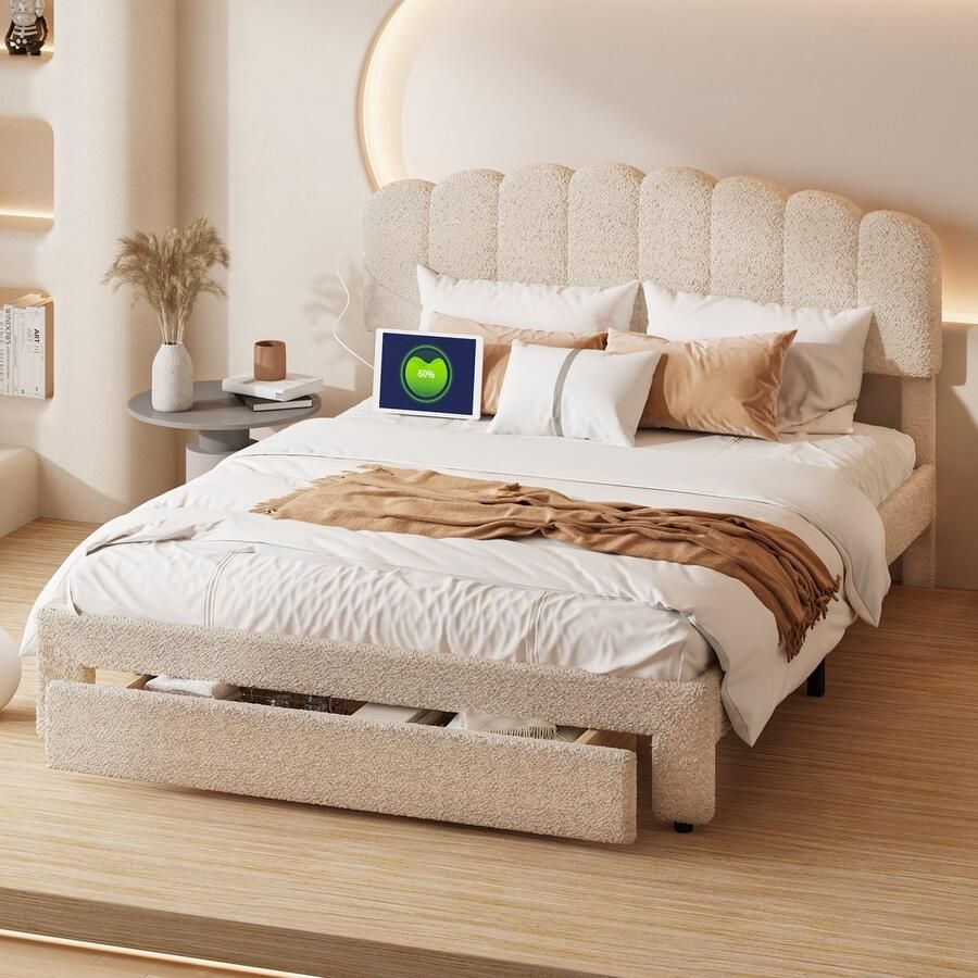 BursDany Tweepersoonsbed 160x200 cm met USB Bedframe met verstelbaar hoofdeinde Lattenbodem Opberglade Bed voor volwassenen en tieners zonder matras Beige pluche stof