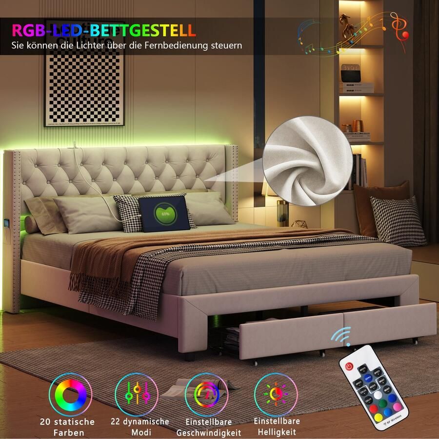 BursDany Tweepersoonsbed 180x200 cm met LED en USB-poorten gestoffeerd bedframe met 2 laden en lattenbodem eenvoudig te monteren Velours Beige