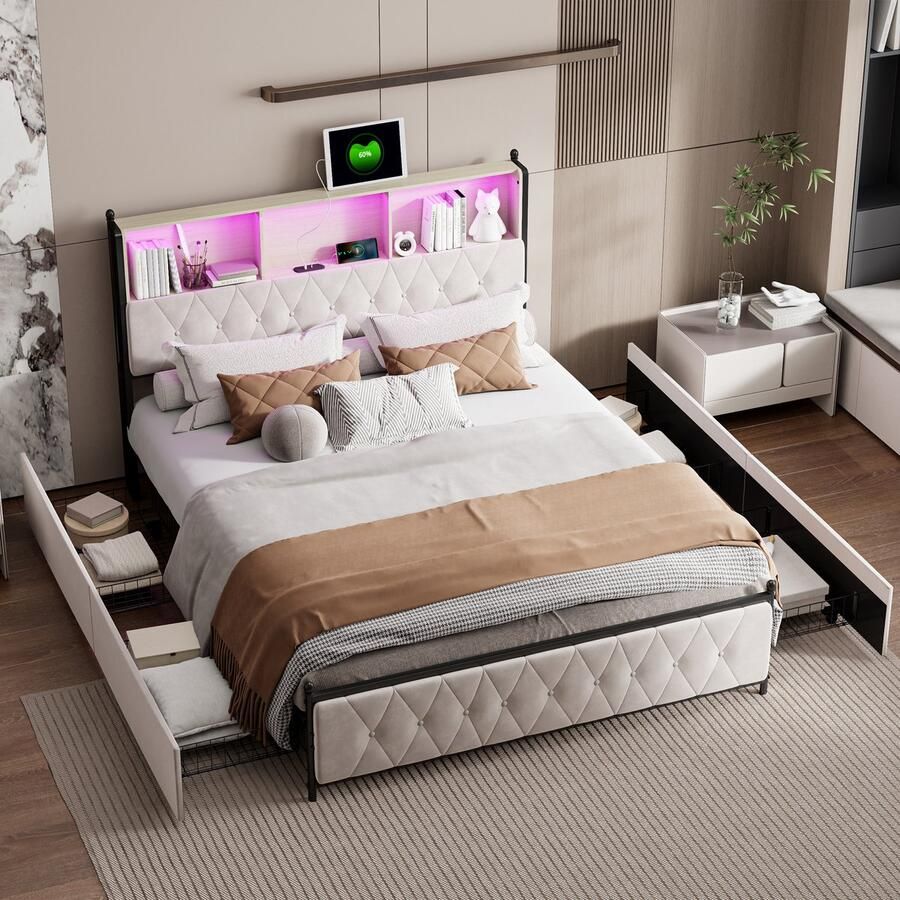 BursDany Tweepersoonsbed 140x200 cm met LED-hoofdbord en USB-aansluiting jeugdbed met lattenbodem en 4 opbergladen opbergbed functioneel bed zonder matras fluweelbeige