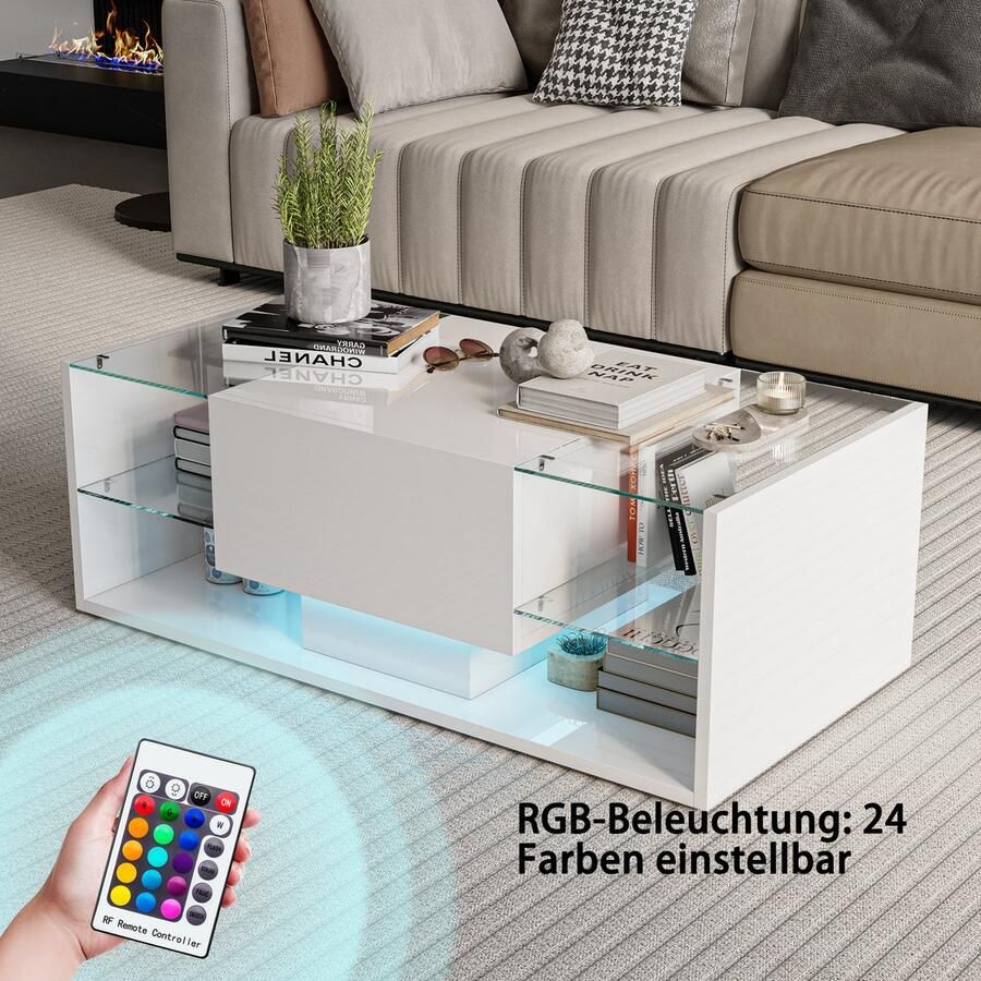 BursDany Witte Glanzende LED Salontafel (100x50x35 cm) 4 Glazen Planken en Opberglade Moderne Woonkamertafel voor Woonkamer Slaapkamer Wit