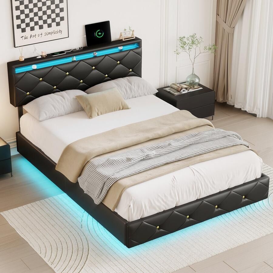 BursDany Zwevend bed 140x200 cm met LED en USB tweepersoonsbed met verstelbaar hoofdeinde en lattenbodem voor volwassenen en tieners zwart ruitjes PU (zonder matras)