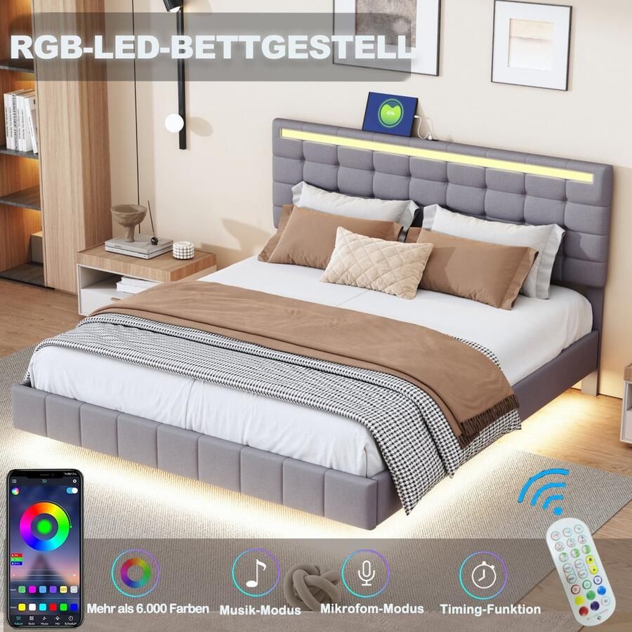 BursDany Zwevend bed met LED-verlichting en 2 USB-oplaadfuncties gestoffeerd bed 140x200 cm tweepersoonsbed met lattenbodem en verstelbaar hoofdeinde linnen grijs