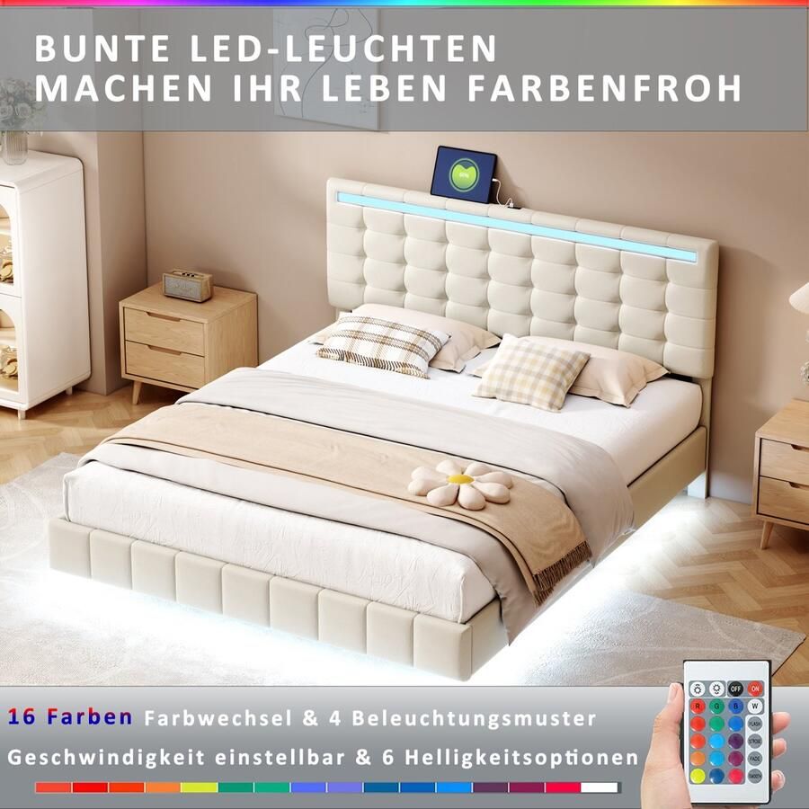 BursDany Zwevend bed met LED-verlichting en 2 USB-oplaadfuncties gestoffeerd bed 140x200 cm tweepersoonsbed met lattenbodem en verstelbaar hoofdeinde linnen beige