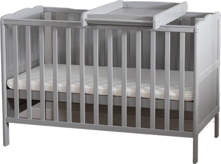 Buxibo Baby Bed Inclusief verzorgingstafel Ledikant 120x60cm Inclusief Matras Hout Meegroeibed Babykamer Grijs