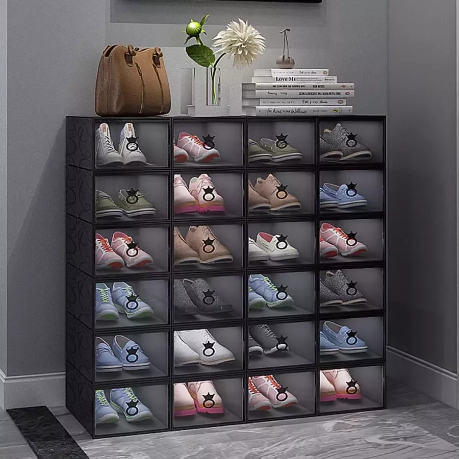 Buxibo Opvouwbare Schoenenbox 4 Transparante Schoenendozen Show Box kunststof Opbergsysteem Organizer Vouwbaar Stapelbaar Uitbreidbaar 4 Paar Schoenen