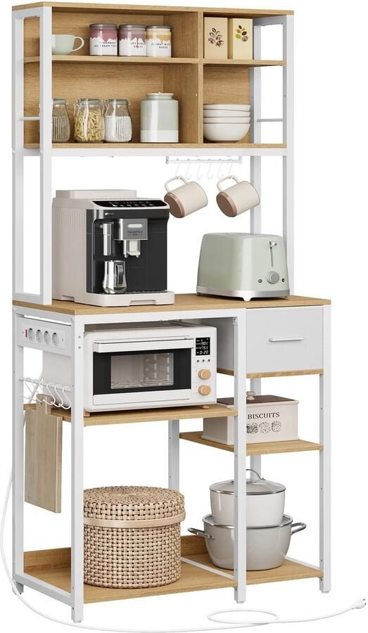 Buylin Keukenkast Staand Keukenkast Organizer Opbergkast Koffiecorner Meubel Verstelbare planken Incl. Stoffen Lade Naturel Hout Wit 40x80x180 4 cm - Foto 2