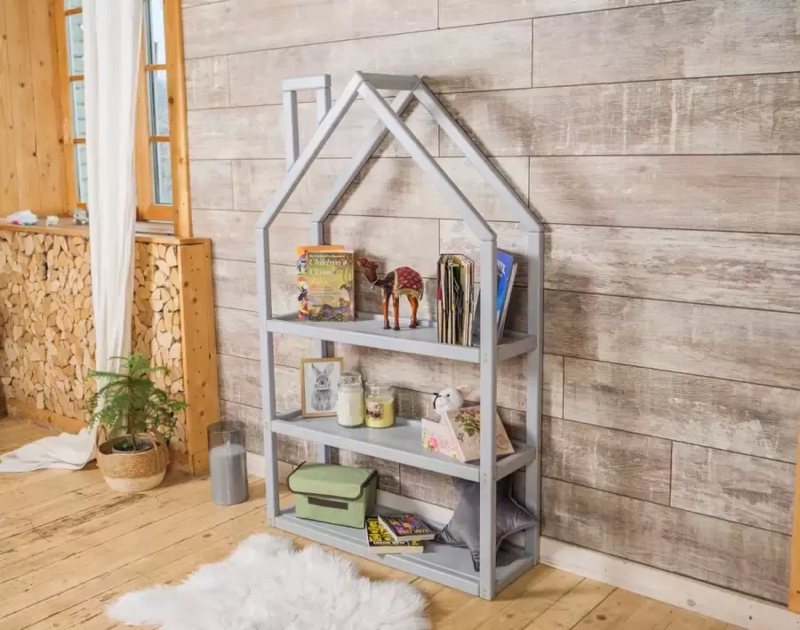 BW Houten boekenkast huis voor kinderen Grijs