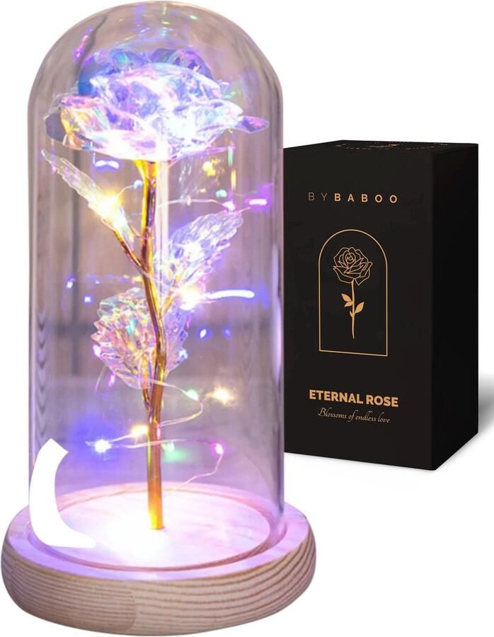 By Baboo Galaxy Rose Eeuwige Roos in Glas Hout Wit Glazen Stolp met LED Sfeerlicht Woonkamer Slaapkamer Decoratieve Tafellampen Nachtlampje Volwassenen Verjaardag Valentijn Cadeau voor Vrouw Kunstbloemen Versiering Verlichting