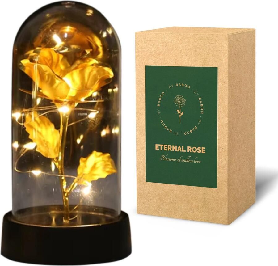 By Baboo Golden Rose Eeuwige Roos Goud Kunststof Stolp met LED Verlichting Sfeerlicht Woonkamer Slaapkamer Decoratieve Tafellampen Nachtlampje Volwassenen Verjaardag Cadeau voor Vrouw Kunstbloemen Valentijn Cadeautje voor haar