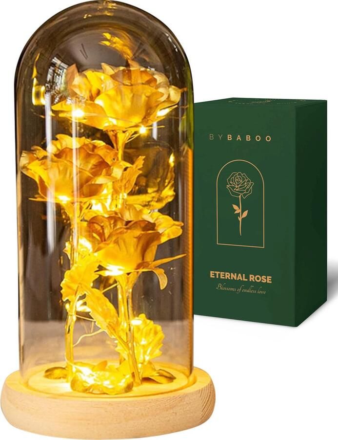 By Baboo Golden Rose Eeuwige Roos in Glas Hout Goud Glazen Stolp met LED Sfeerlicht Woonkamer Slaapkamer Decoratieve Tafellampen Nachtlampje Volwassenen Verjaardag Kerst Cadeau voor Vrouw Kunstbloemen Versiering Verlichting