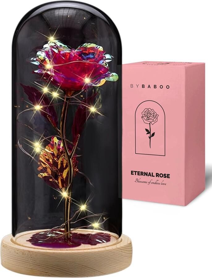 By Baboo Precious Rose Roos in Glas Hout Rood Glazen Stolp met LED Verjaardag Romantisch Liefdes Valentijn Cadeau voor haar vrouw vriendin moeder Kunstbloemen Sfeer Woonkamer Slaapkamer Decoratieve Tafellamp Nachtlampje Volwassenen