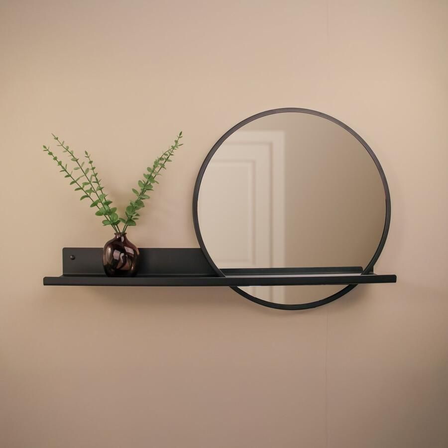 By Bresi Wandplank Belvi met spiegel Zwart Industrieel Wandspiegel Hal Toilet Badkamer Woonkamer Spiegel Spiegelplank