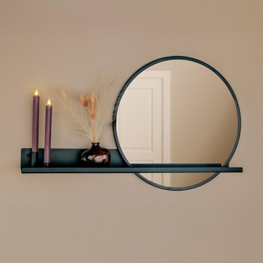 By Bresi Wandplank Candelo Zwart met spiegel en kaarsen Industrieel Wandspiegel Hal Toilet Badkamer Woonkamer Spiegel Spiegelplank