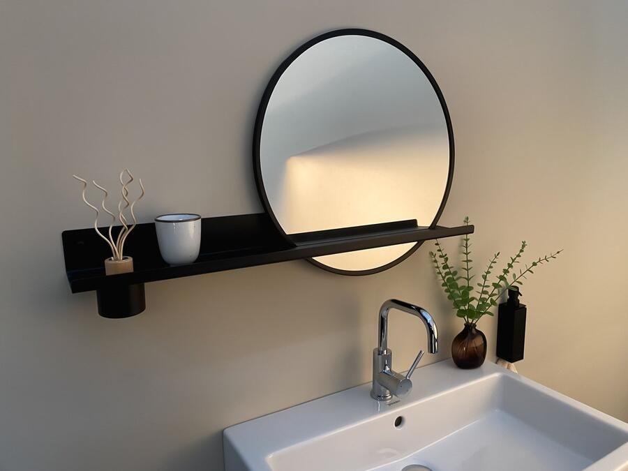 By Bresi Wandplank Dimaro Zwart met spiegel en diffuser Industrieel Wandspiegel Hal Toilet Badkamer Woonkamer Spiegel Spiegelplank - Foto 2