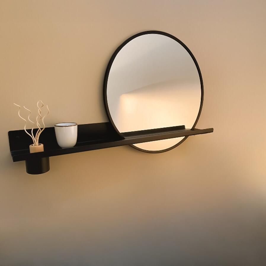 By Bresi Wandplank Dimaro Zwart met spiegel en diffuser Industrieel Wandspiegel Hal Toilet Badkamer Woonkamer Spiegel Spiegelplank