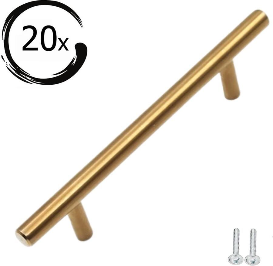 By MJM T-greep Goud 200mm SET 20 stuks Hartafstand 128mm Goud Meubelgreep Goud Keukengreep Goud Greep Goud Deurgreep Handgreep keukenkastjes keukenkast handgrepen kast meubelgrepen Handgrepen voor deurtjes inclusief schroeven - Foto 3