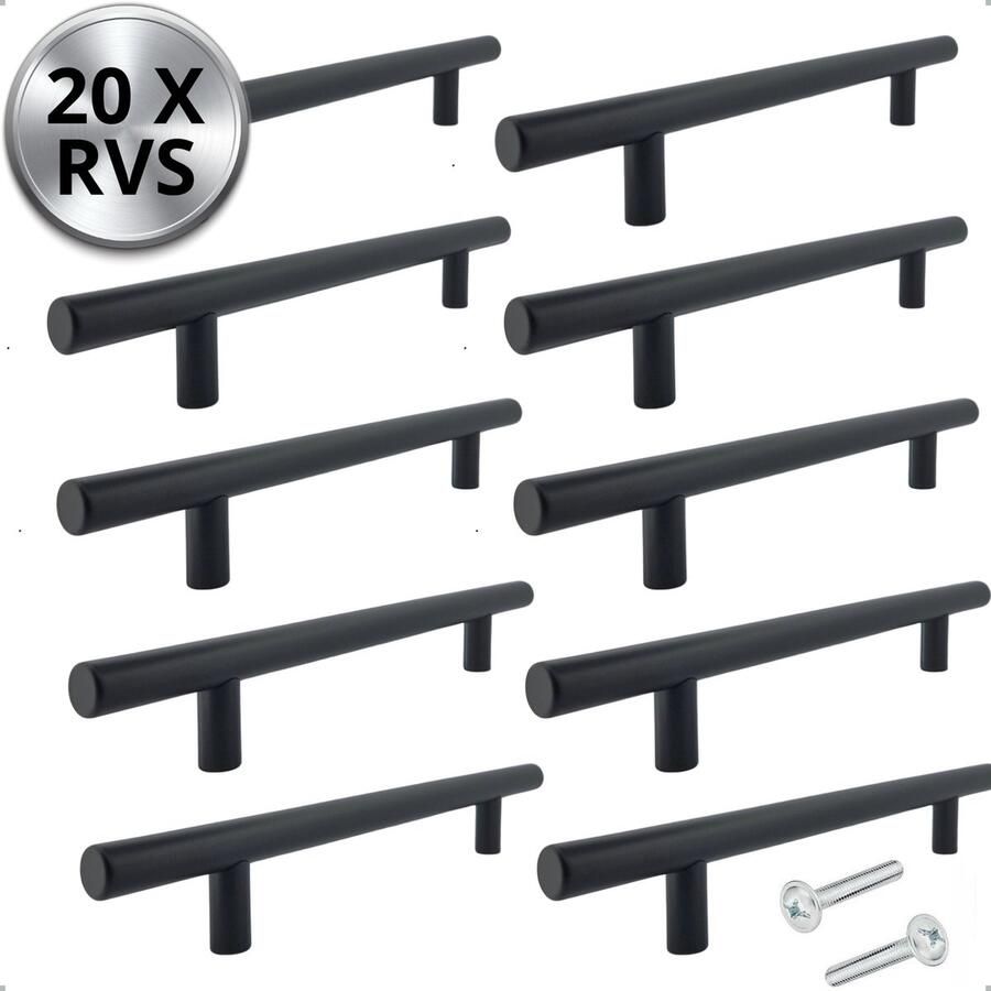 By MJM T-greep RVS zwart SET 20 stuks Hartafstand 128mm Zwart Meubelgreep zwart Keukengreep zwart Greep zwart Deurgreep Handgreep keukenkastjes keukenkast handgrepen kast meubelgrepen Handgrepen voor deurtjes inclusief schroeven