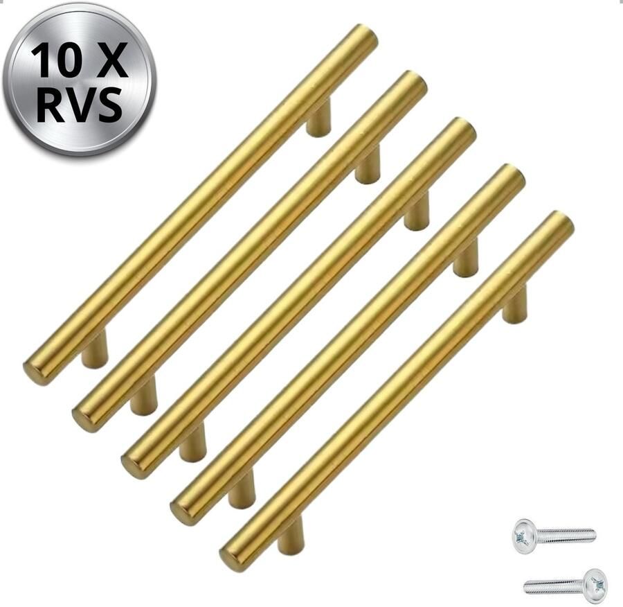 By MJM RVS Handgreep Keukengreep Denver RVS Goud 160 mm 10 STUKS T-greep Handgrepen voor deurtjes Deurgreep Meubelgreep Handgreep Goud Keukengreep Keukenkastjes Greep Goud handgrepen kast meubelgrepen inclusief schroeven