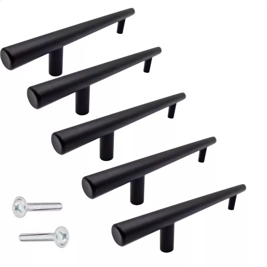 By MJM T-greep zwart 200mm SET 5 stuks Hartafstand 128mm Zwart Meubelgreep zwart Keukengreep zwart Greep zwart Deurgreep Handgreep keukenkastjes keukenkast handgrepen kast meubelgrepen Handgrepen voor deurtjes inclusief schroeven