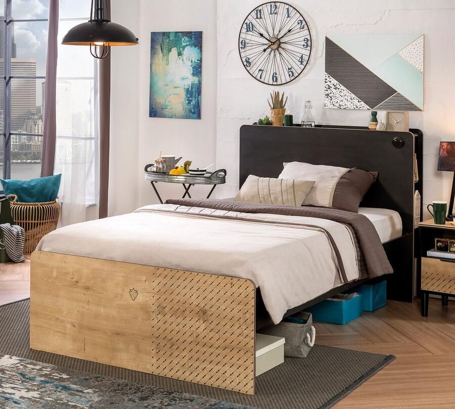 By MM Store New York twijfelaar 200 x 120 cm Houtlook zwart tienerbed tienerkamer bed met USB