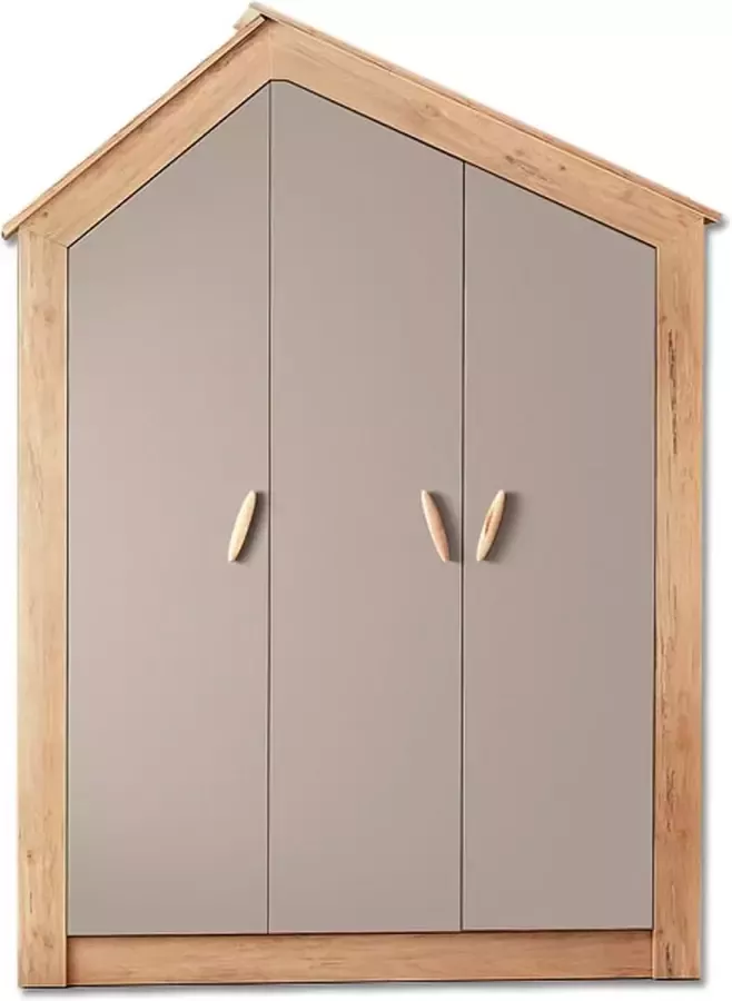 By MM Store Cento 3-deurs kledingkast huisje kinderkamer jungle schappen hanggedeelte LED verlichting