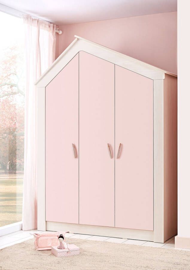 By MM Store Cento Pink 3-deurs kledingkast roze huisje meisjeskamer schappen hanggedeelte