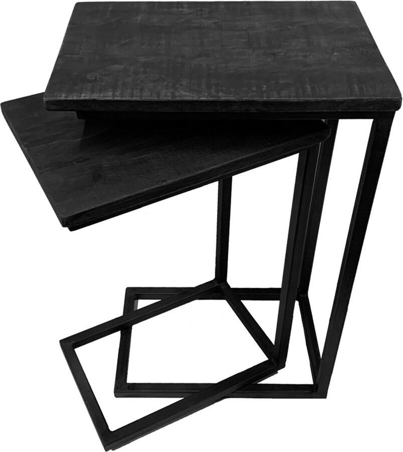 By Mooss Bijzettafel Set van 2 Banktafels Plantentafel Zwart Hout Metaal