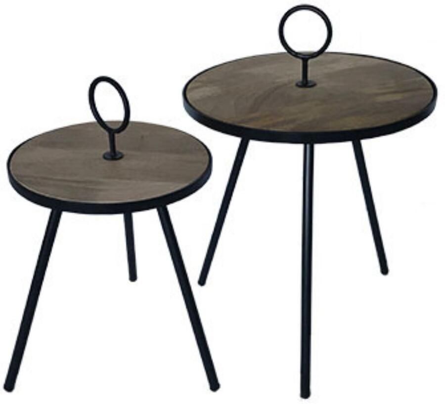 By Mooss Bijzettafel Set van 2 ijzer Hout Ring Stoer Industrieel 3 poot- Salontafel