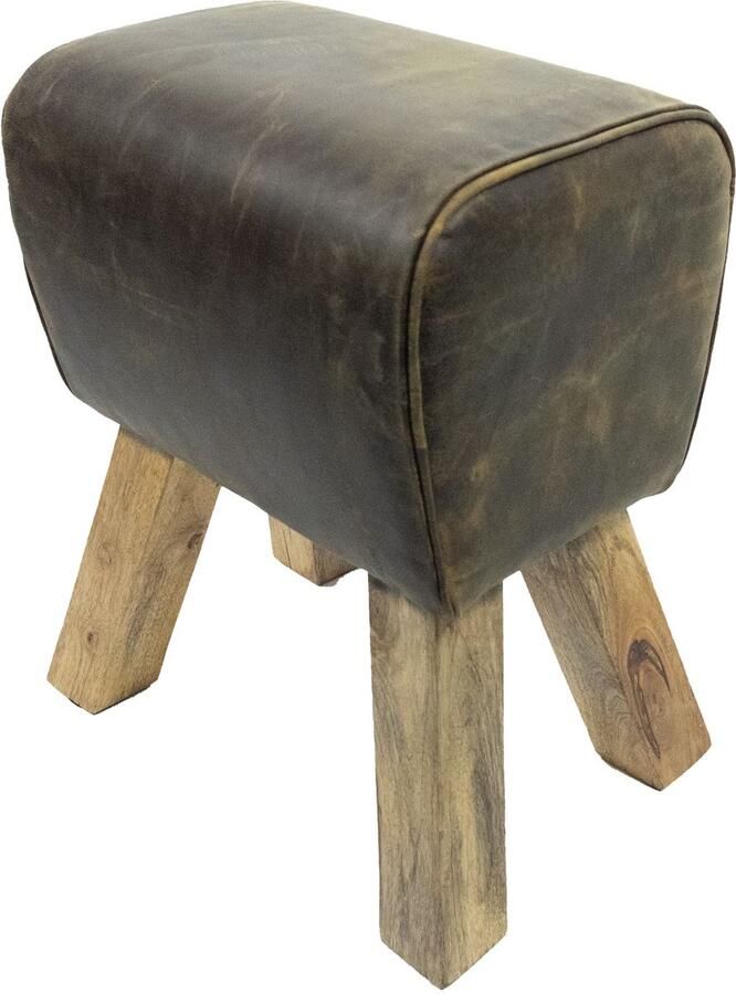 By Mooss Bok Leer Hout Kruk Retro Poef Stoer Landelijk Industrieel Vintage Bruin Trendy Hip