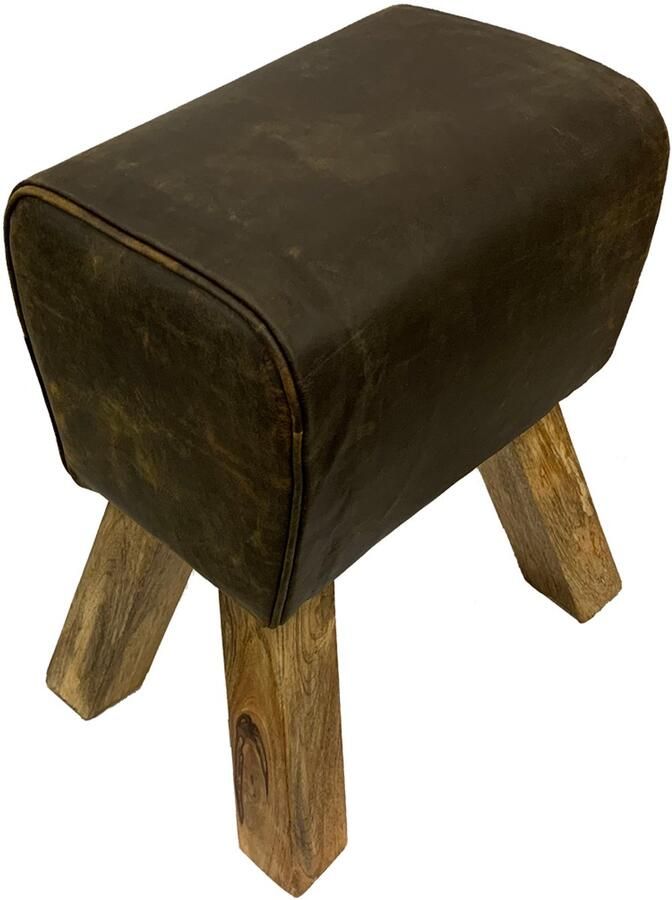 By Mooss Bok Leer Hout Kruk Retro Poef Stoer Landelijk Industrieel Vintage Bruin Trendy Hip - Foto 2