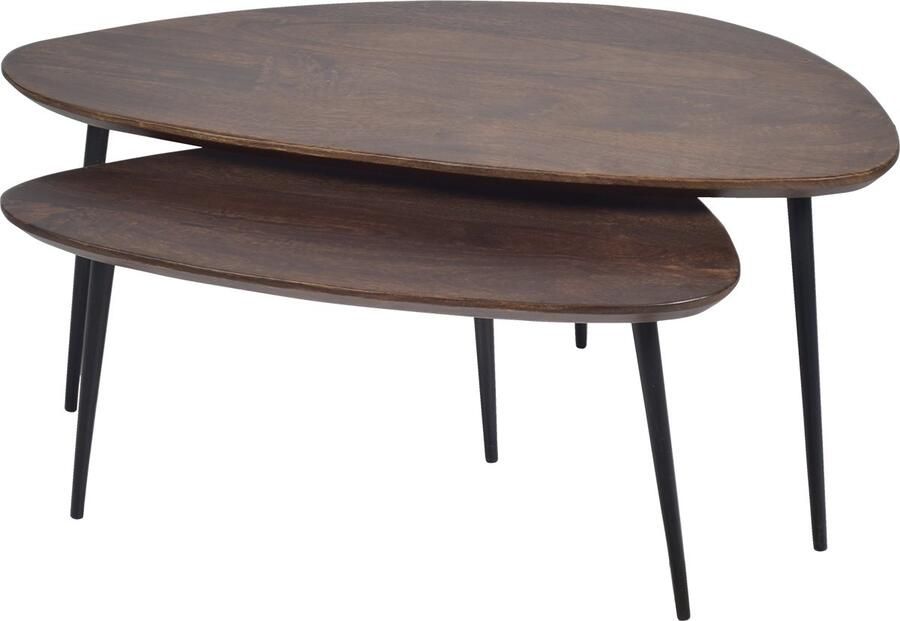 By Mooss Salontafel Mangohout Organisch Walnoot finish Set van 2 90 x 43 x 40 cm en 70 x 35 x 35 cm Driepoot