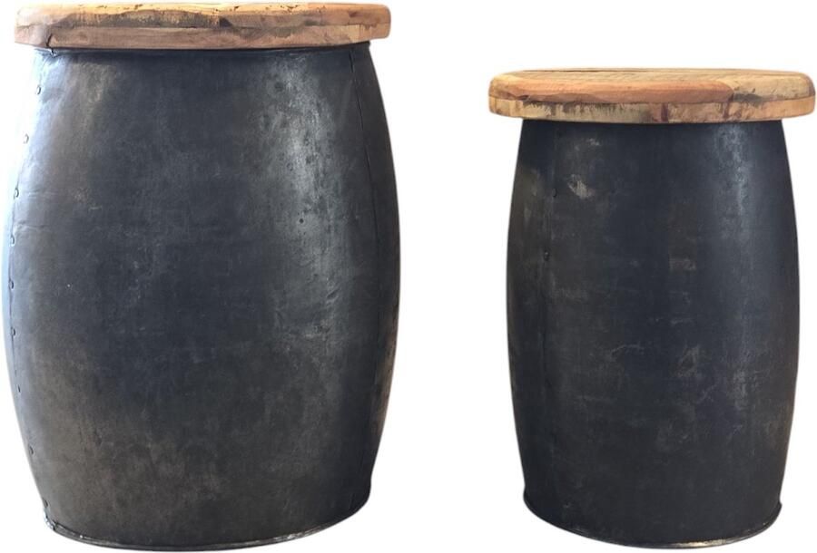 By Mooss Stool Metaal Hout Kruk Bijzettafel Industrieel Landelijk Robuust Set van 2