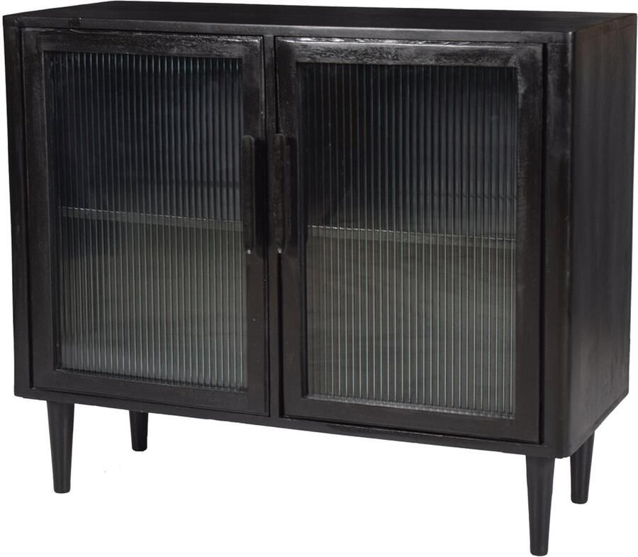 By Mooss Wandmeubel Rome Commode Zwart Hout Retro Vintage Mid-Century Deuren Lage kast Ribbel Kast