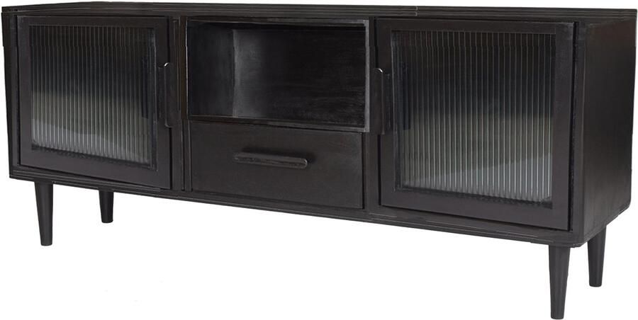 By Mooss Wandmeubel Rome TV meubel Zwart Hout Retro Vintage Mid-Century Deuren Lades Nis Figuurglas Ribbel