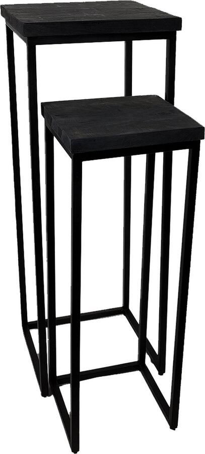 By Mooss Zuil set van 2 38 x 38 x 104 cm en 30 x 30 x 84 cm Industrieel Hout Metaal Zwart Plantenstandaard Bijzettafel Wandtafel