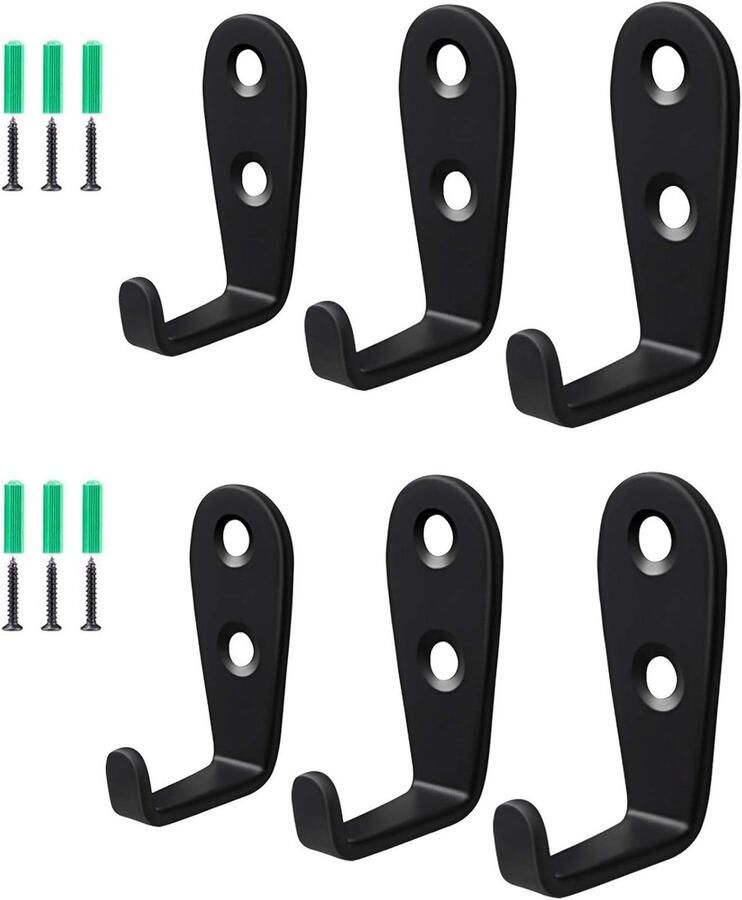 By Shayne ByShane 6-delige Wandmontage Haken Set voor Keuken Badkamer Slaapkamer Zware Dubbele Kapstokken Enkele Kleerhanger Inclusief 12 Schroeven Kleding Hoed Sjaal Tas Handdoek Sleutel Cap Zwart
