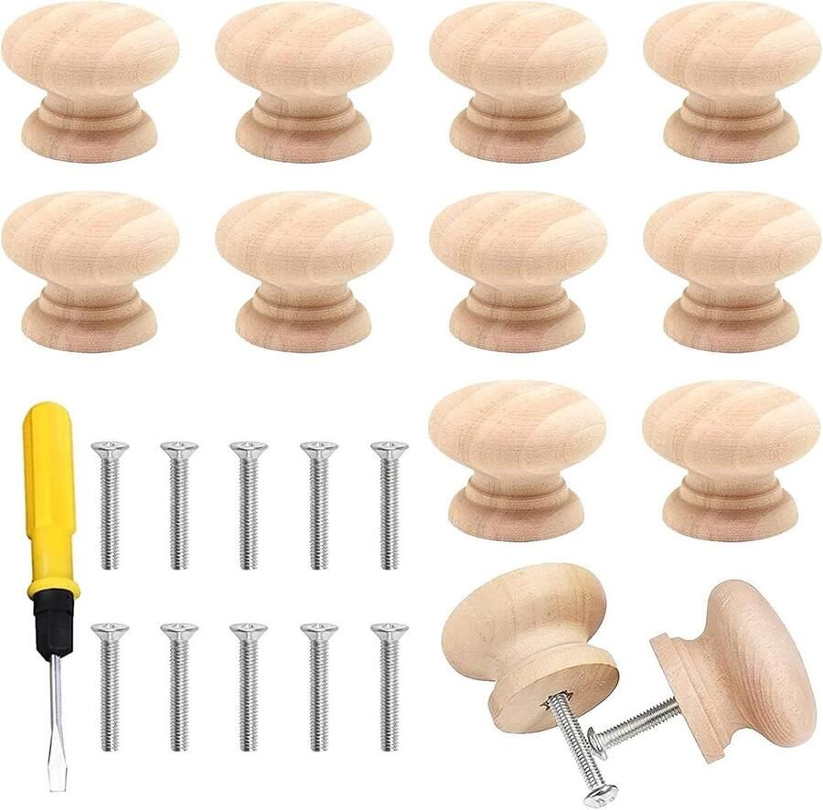 Allecto Plus Houten Meubelknoppen 10 stuks 33 x 26 mm inclusief schroeven en schroevendraaier Kastknoppen voor meubels en keuken