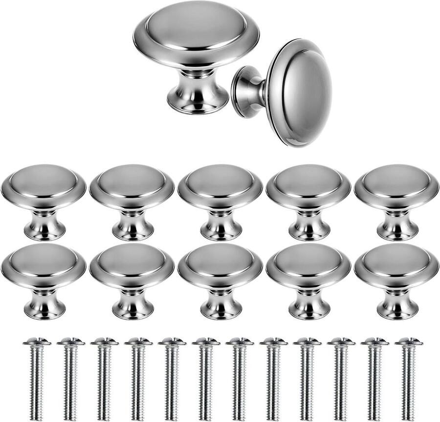 Allecto Plus 12-delige set kastknoppen en ladeknoppen voor vintage meubels inclusief 12 stuks 25 mm schroeven zilverkleurig