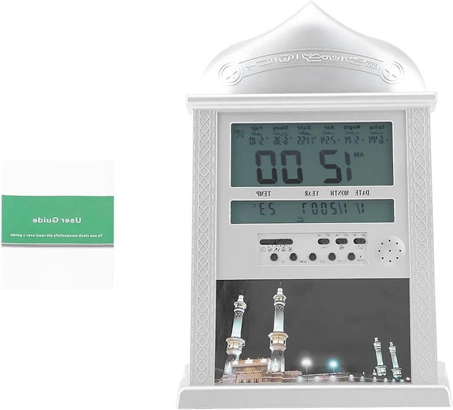 By Shayne ByShane Led gebedsklok met Azan voor moslims digitale tafel- en wandklok in zilver met gebedsalarm. Inclusief batterij