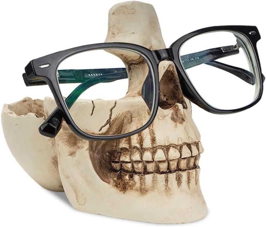 By Shayne ByShane Schedel brillenhouder standbeeld met opbergbak Schedel hoofd sculptuur voor thuis en kantoor Bureau decoratie cadeau Wit
