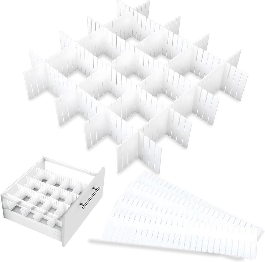 Allecto Plus Verstelbare Ladeverdelers voor Lingerie en Cosmetica Organisatie in Wit Kledingkast en Kantoor Opruimer Met 20 Vakken