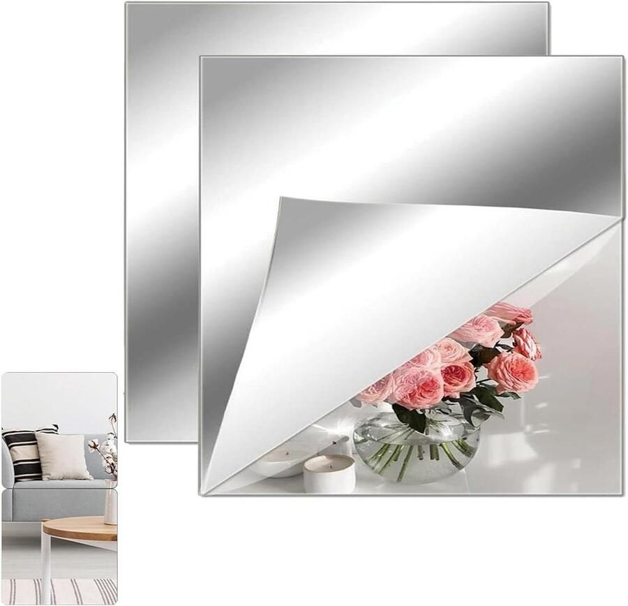 Allecto Plus Set van 2 zelfklevende spiegeltjes 20 x 20 cm Acryl Flexibel Voor Kast en Decoratie Wandspiegel Kinderkamer Spiegeltegels Zelfklevend