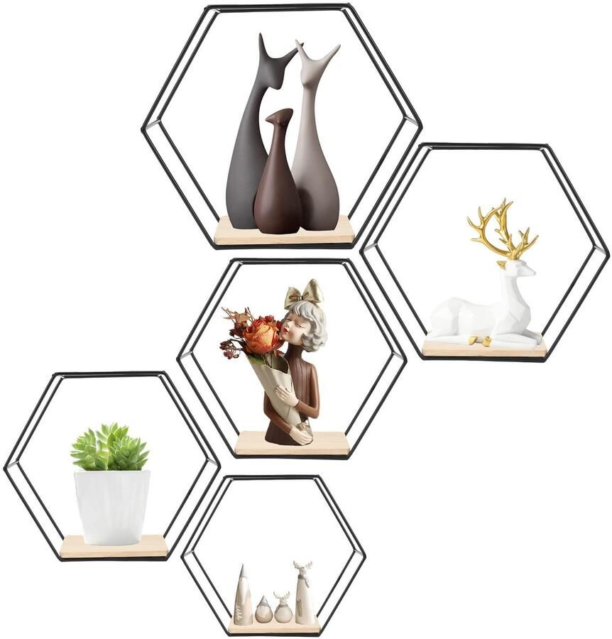 By Shayne Stijlvol Zeskantig Wandrek van Hout en Metaal voor Elke Kamer